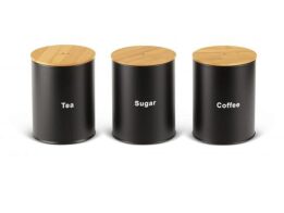 Edenberg Σετ 3 τμχ Δοχεία Καφέ, Ζάχαρης και Τσάι σε Μαύρο χρώμα με Ξύλινα Καπάκια, EB-147