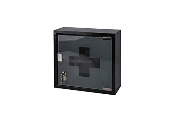 Φαρμακείο Τοίχου Έκτακτης Ανάγκης από ανοξείδωτο Ατσάλι,Γυάλινο Πορτάκι, κλειδαριά,30x30x12 cm Μαύρο