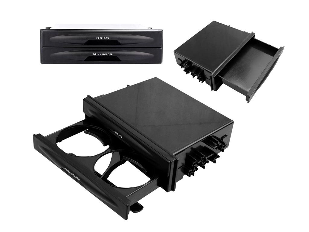 Διπλή Ποτηροθήκη Αυτοκινήτου και συρτάρι για την θήκη 1 DIN, σε μαύρο χρώμα,  173x48mm