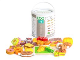 Ecotoys Σετ Ξύλινα Παιδικά Χρωματιστά Τρόφιμα για Κοπή 23 Τεμαχίων σε Δοχείο Αποθήκευσης, TL87115