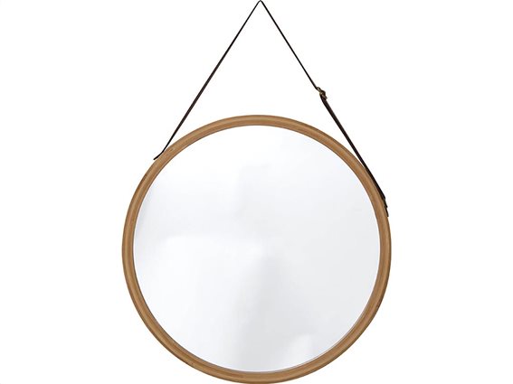 Κρεμαστός Στρογγυλός Καθρέπτης Μπάνιου με πλαίσιο από Bamboo και Λουράκι, διαμέτρου 38 cm