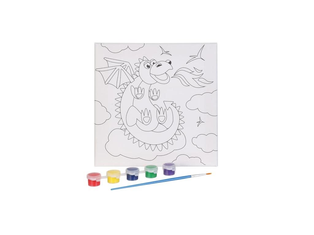 Παιδικός Καμβάς για Ζωγραφική με 5 Χρώματα και Πινέλο, 20x20x2 cm Δράκος