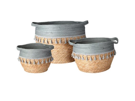 Σετ Πλεκτά Καλάθια 3 τεμαχίων με Κρόσια και Λαβές σε Γκρι χρώμα, Decorative Baskets