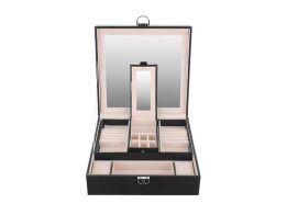 Aria Trade Κοσμηματοθήκη Μπιζουτιέρα με 2 επίπεδα και καθρέφτη από δερματίνη σε μαύρο χρώμα, 25.5x25.5x30 cm