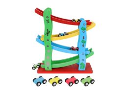 Aria Trade Παιδική Ξύλινη Πίστα Αγώνων Τσουλήθρα με 4 αυτοκινητάκια, 24.5x10x28 cm