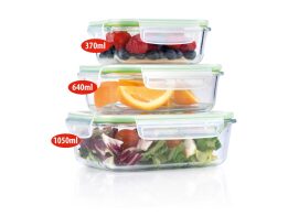 Σετ Γυάλινα Φαγητοδοχεία Μπολ 3 τεμαχίων με κλείσιμο ασφαλείας, σε πράσινο χρώμα, 13x15.5x20.5 cm