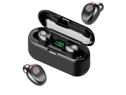 Ασύρματα Επαναφορτιζόμενα Ακουστικά με σύνδεση Bluetooth 5.0 και θήκη φορτιστή σε μαύρο χρώμα