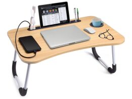 Δίσκος κρεβατιού τραπεζάκι laptop, πτυσσόμενο, με ξύλινη επιφάνεια και μεταλλικά πόδια, 60x28x40 cm