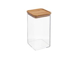 Πλαστικό Διάφανο Βάζο Αποθήκευσης, με Καπάκι από Μπαμπού 1500ml, 10x10x20 cm
