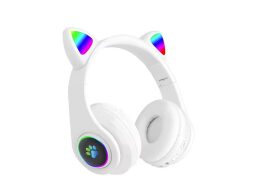 Ασύρματα Ακουστικά Κεφαλής Τύπου Αυτιά Γάτας  Bluetooth FM MP3 με Οπίσθιο Φωτισμό LED σε Λευκό Χρώμα