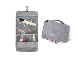 Τσαντάκι Καλλυντικών Νεσεσέρ Πτυσσόμενo με Γάντζο και Χερούλι σε Γκρι Χρώμα,  24x19 cm