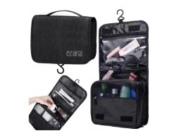 Τσαντάκι Καλλυντικών Νεσεσέρ Πτυσσόμενo με Γάντζο και Χερούλι σε Μαύρο Χρώμα,  24x19 cm