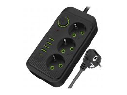 Πολύπριζο Ρεύματος 3 Θέσεων 250V με Καλώδιο 2 m και 5 Θύρες USB, 9x4x17 cm