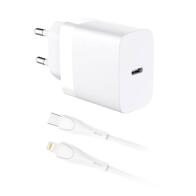 inos Φορτιστής Ταξιδίου Ταχείας Φόρτισης USB-C PD QC 3.0 20W & Lightning Λευκός