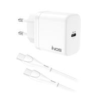 Φορτιστής Ταξιδίου Ταχείας Φόρτισης inos με Έξοδο USB C GaN PD QC 3.0 35W & USB C  Καλώδιο 1m Λευκό