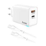 Φορτιστής Ταξιδίου Ταχείας Φόρτισης inos με Έξοδο USB C GaN PD QC 3.0 45W & USB C Καλώδιο 1m Λευκό