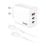 Φορτιστής Ταξιδίου Ταχείας Φόρτισης inos με Τριπλή Έξοδο USB A & 2xUSB C GaN PD QC 3.0 65W & USB C Καλώδιο 1m Λευκό