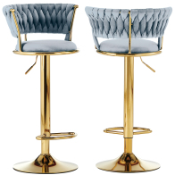 BAKAJI Σετ 2 Σκαμπό Κουζίνας Μπαρ με Πλεκτή Πλάτη σε Βελούδο Γκρι και Χρυσή Δομή 02841742