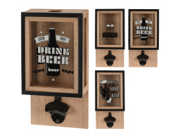 Aνοιχτήρι μπουκαλιών τοίχου με δοχείο συλλογής καπακιών, Ξύλινο, με διαστάσεις 15.5x8.3x30cm, σε 3 επιλογές σχεδίου