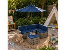 KidKraft Σετ Καθιστικό εξωτερικού χώρου με σκαμπό, μαξιλάρια και ομπρέλα προστασίας - Barnwood Gray/Navy