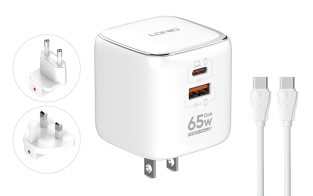 LDNIO φορτιστής τοίχου Q2617 με καλώδιο USB-C EU/UK/US βύσμα USB/USB-C 65W GaN λευκός