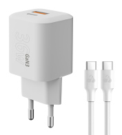 POWERTECH φορτιστής τοίχου PT-1351 με καλώδιο USB/USB-C 36W GaN λευκός