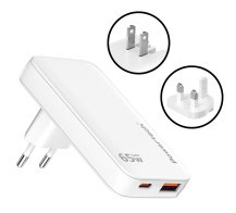 POWERTECH φορτιστής τοίχου PT-1532 EU/UK/CN βύσμα USB/USB-C 65W GaN λευκός