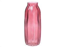 Γυάλινο Διακοσμητικό βάζο με ανάγλυφο σχέδιο, 12x29.5 cm, Glass vase Ροζ