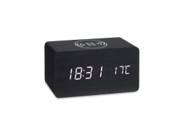 Ξύλινο ψηφιακό ρολόι επιτραπέζιο με ξυπνητήρι, σε μαύρο χρώμα, 7x15x7.5 cm