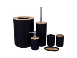Σετ Αξεσουάρ μπάνιου πλαστικό 6 τεμαχίων, μαύρο με bamboo λεπτομέρειες, 19.5x19.5x26 cm