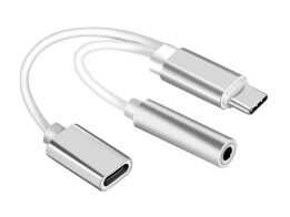 Αντάπτορας USB Type C σε miniJack 3.5mm για Χρήση Ακουστικών Φόρτιση και Μεταφορά Δεδομένων σε Ασημί