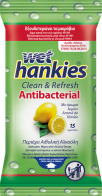 ΜΕΓΑ Wet Hankies Clean & Refresh Antibacterial Lemon 15τμχ