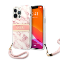 Guess "Marble Collection" Θήκη με όψη μαρμάρου και κορδονάκι χειρός – iPhone 13 Pro (Ροζ/Λευκό)