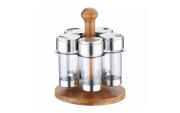 Peterhof Σετ Διάφανα Βαζάκια Μπαχαρικών 5 τεμ. με Ανοξείδωτο καπάκι και Ξύλινη Βάση bamboo, PH-12873