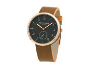 Ted Baker Ανδρικό Ρολόι χειρός Μαύρο καντράν, Πλαίσιο σε Roze Gold, δερμάτινο Καφέ λουράκι