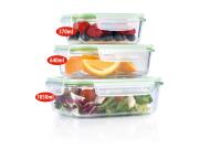 Σετ Γυάλινα Φαγητοδοχεία Μπολ 3 τεμαχίων με κλείσιμο ασφαλείας, σε πράσινο χρώμα, 13x15.5x20.5 cm