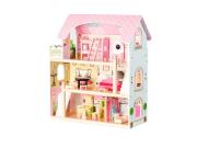 Ecotoys Ξύλινο Κουκλόσπιτο 3 Ορόφων με 4 Κούκλες και 15 Αξεσουάρ, 63x36x71 cm