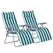 Outsunny Σετ 2 αναδιπλούμενες ξαπλώστρες με ριγέ επένδυση και μπράτσα λευκό και πράσινο 01-0710