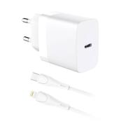 inos Φορτιστής Ταξιδίου Ταχείας Φόρτισης USB-C PD QC 3.0 20W & Lightning Λευκός