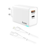 Φορτιστής Ταξιδίου Ταχείας Φόρτισης inos με Έξοδο USB C GaN PD QC 3.0 45W & Lightning Καλώδιο 1m Λευκό