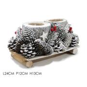 ARTELIBRE Κηροπήγιο Κορμοί Δέντρου 2 Θέσεων Σε Ξύλινη Βάση Με Κουκουνάρια Και Berries Χιονισμένο 24x12x13cm