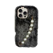 Vivid Fluffy Plush Case with Pearl Chain Apple iPhone 16 Pro Max Grey/Black