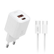 XO Universal φορτιστής PD20W με 2 εξόδους 1xUSB-A & 1xUSB-C και αποσπώμενο καλώδιο USB type-C,  σε λευκό χρώμα XO L147