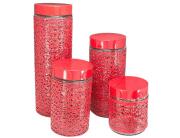 Σετ 4 Γυάλινα δοχεία τροφίμων (23468715) Σε κόκκινο χρώμα με ανάγλυφο σχέδιο και καπάκι, διαμέτρου 9,5 cm