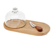 Σετ Σερβιρίσματος Excellent Houseware με γυάλινο καπάκι, μαχαίρι και δίσκο, από ξύλο ακακίας - 3 τεμάχια