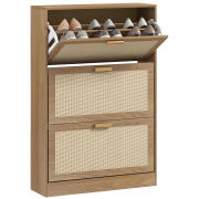 HOMCOM  Φορητή Παπουτσοθήκη για 18 Ζευγάρια Παπούτσια με 3 Ανακλινόμενα Συρτάρια από Ξύλο και Ρατάν, 80x25x120 εκ., Καφέ  837-496V00BN