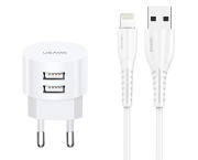 USAMS φορτιστής τοίχου T20 & καλώδιο Lightning 2x USB 2.1A λευκός
