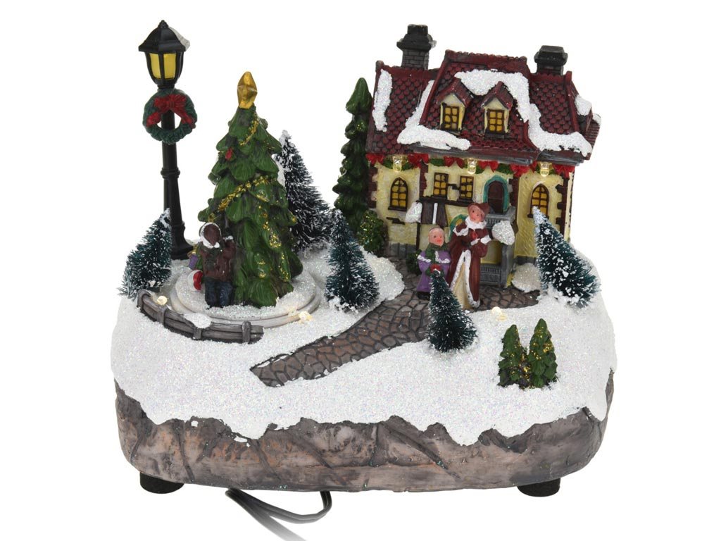 Aria Trade Χριστουγεννιάτικο Διακοσμητικό Χιονισμένο Σπίτι με Κινούμενο Δέντρο Φωτισμό Led, Παιδιά