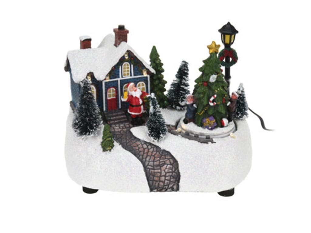 Aria Trade Χριστουγεννιάτικο Διακοσμητικό Χιονισμένο Σπίτι με Κινούμενο Δέντρο Φωτισμό Led, Άγιος Βσίλης