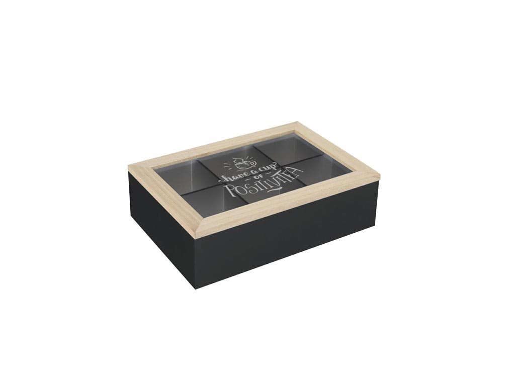 Ξύλινο Κουτί αποθήκευσης τσαγιού 6 θέσεων Tea box με διάφανο καπάκι,  24x16.5x7 cm Μαύρο HZ1930930